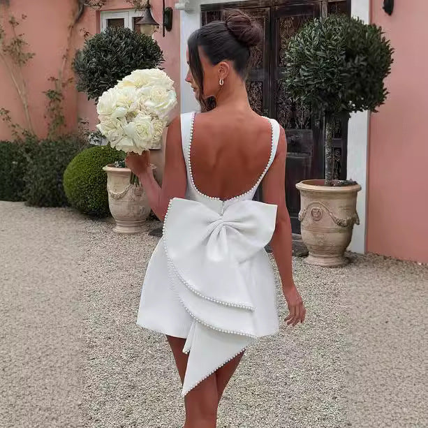 Big-Bowed Pearls Backless Mini Dress