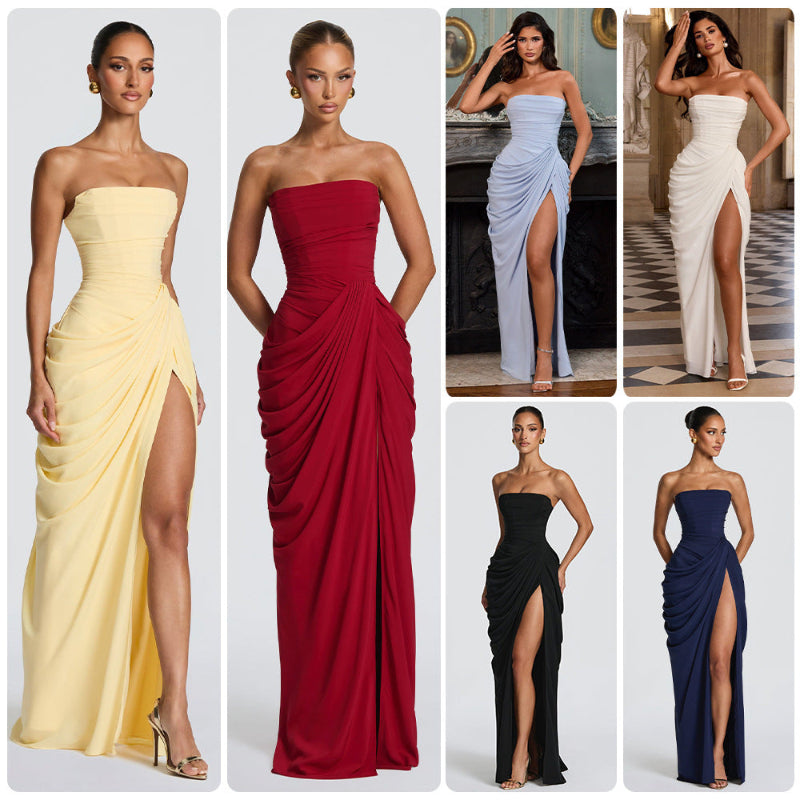 French Style Romantic Strapless Pleated Slit Maxi Dress