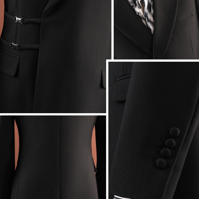 Black Peak Lapel Side Buckle 2 Piece Suit Set Gurkha Trousers