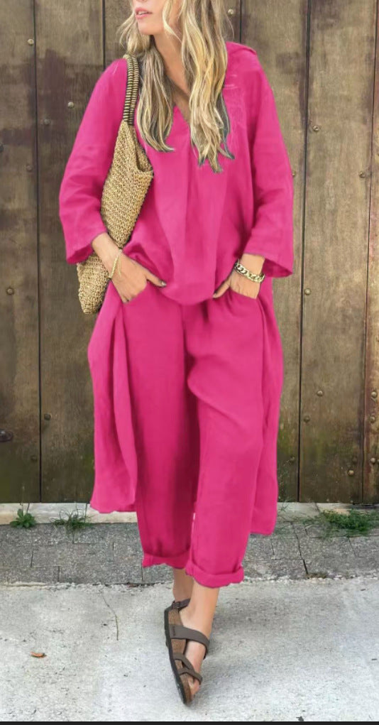 V-neck Long Top And High Waist Wide Leg Pants -pink