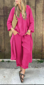 V-neck Long Top And High Waist Wide Leg Pants -pink