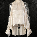 Apricot Cream Satin Cold-Shoulder High-Halter Billowy Sleeve Ruffled-Cuff Asymmetric Blouse