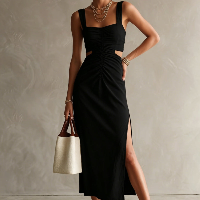 Strap-style Fashionable And Elegant Midi Dress - black