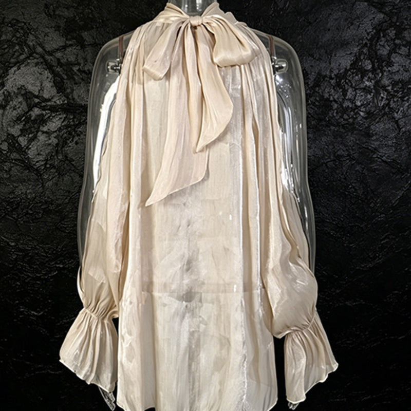 Apricot Cream Satin Cold-Shoulder High-Halter Billowy Sleeve Ruffled-Cuff Asymmetric Blouse