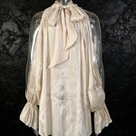Apricot Cream Satin Cold-Shoulder High-Halter Billowy Sleeve Ruffled-Cuff Asymmetric Blouse