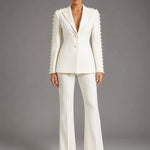 Pearl-Sleeve Tailored Blazer & Wide-Leg Flare Trouser Suit - white