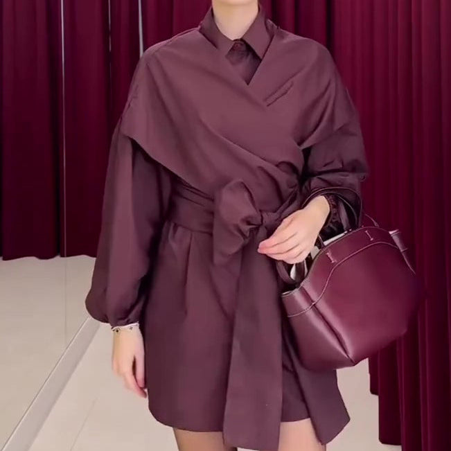 Deep Magenta Structured Wrap Tie-Waist Puff Sleeve Shirt Mini Dress