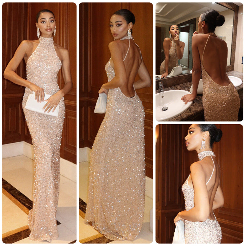 Champagne High-Neck Halter All-Over Crystal Bead & Sequin Embellished Backless Slim-Column Evening Gown