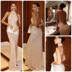 Champagne High-Neck Halter All-Over Crystal Bead & Sequin Embellished Backless Slim-Column Evening Gown