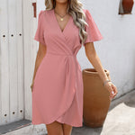 V-neck Short-sleeved Dress- pink