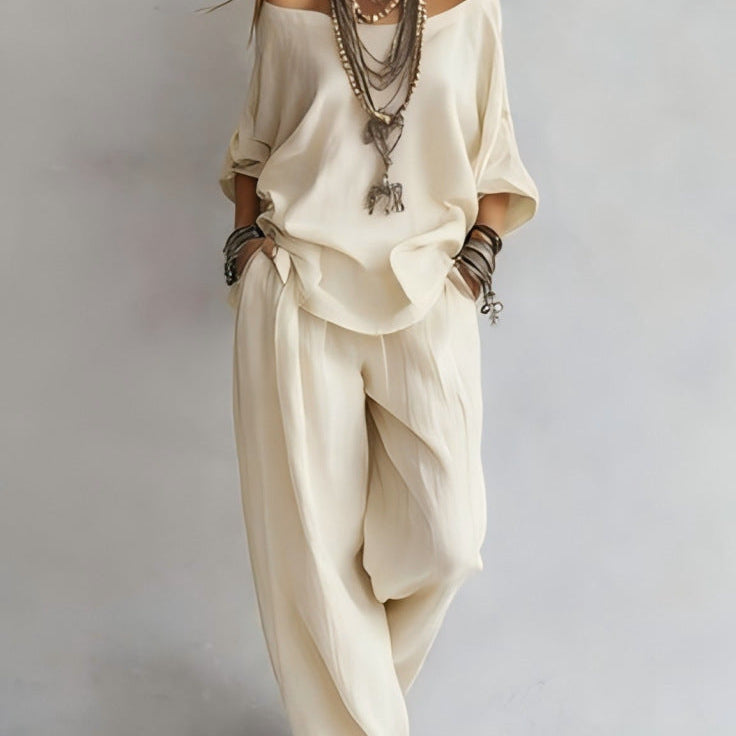Three-quarter Sleeves Top And Loose Pockets Wide-Leg Pants Set - cream