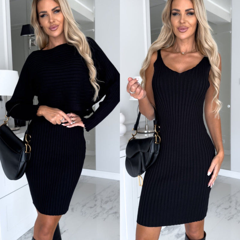 2pcs Long-sleeved Top & Tight Suspender Skirt