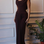 Brown Swoosh Collar Sleeveless Maxi Dress
