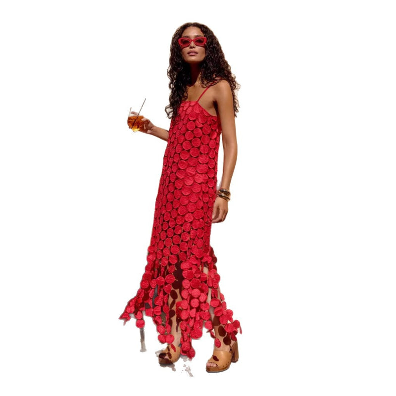 Hollow-Out Polka Dot Midi Slip Dress - red