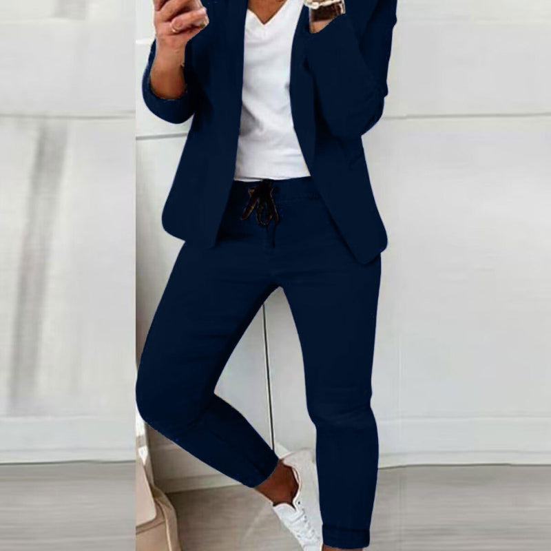 Ladies Fashion OL Office Trousers Suit - navy blue