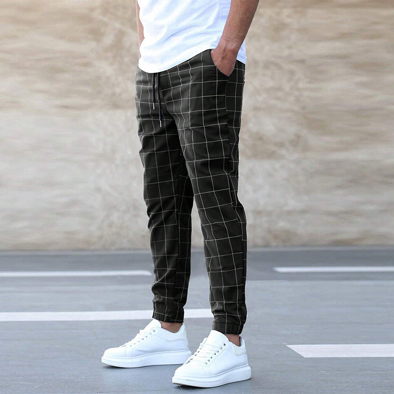 Men's Windowpane Check Drawstring Pants- black
