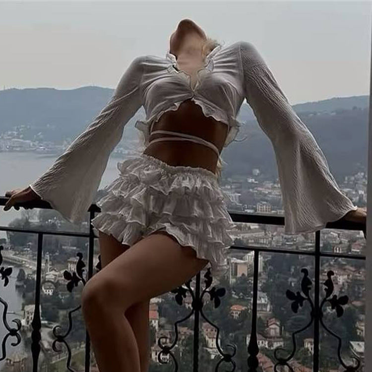 Crop Top With Tie-up Top & High-waisted Tiered Skirt Set