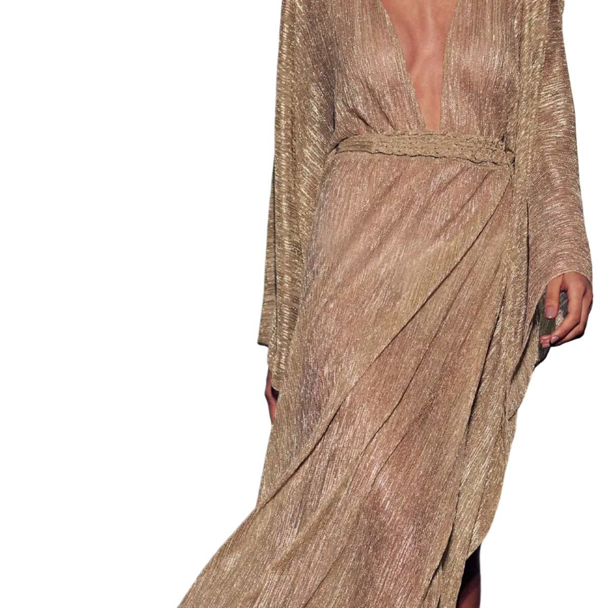 Champagne Pleated Dolman Sleeve Maxi Dress