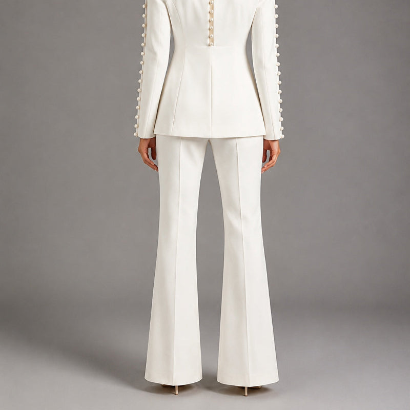 Pearl-Sleeve Tailored Blazer & Wide-Leg Flare Trouser Suit - white
