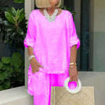 Chic Summer Casual Hemp-Cotton Suit - pink