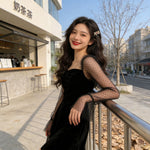 Retro Elegant Chiffon-Sleeved A-line Dress - black