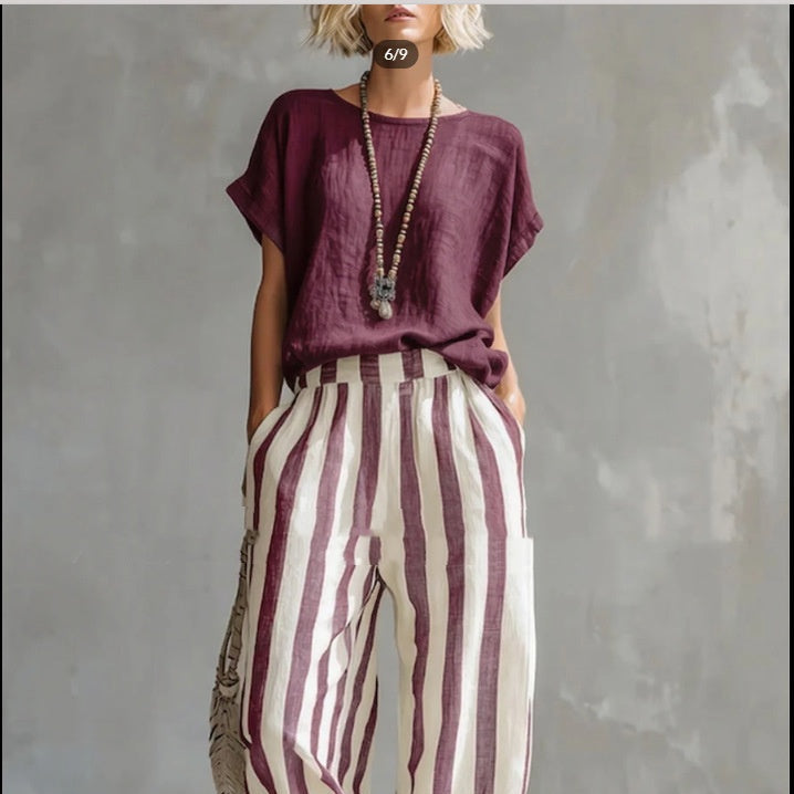 Round Neck Pullover T-Shirt And Striped Print Straight Leg Pants - wine red