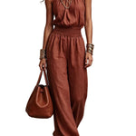 Halter Neck Shirred Waist Wide-Leg Jumpsuit - wine red