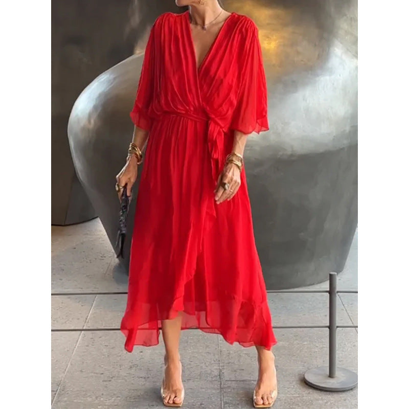 Batwing Sleeve V-neck Midi Dress - red