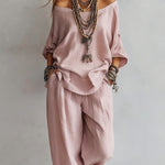 Three-quarter Sleeves Top And Loose Pockets Wide-Leg Pants Set