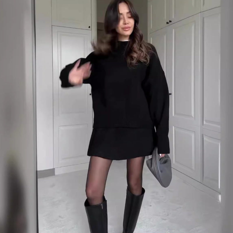 Long Sleeve Pullover Elegant Solid High Waist Mini Skirt Outfit