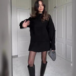 Long Sleeve Pullover Elegant Solid High Waist Mini Skirt Outfit