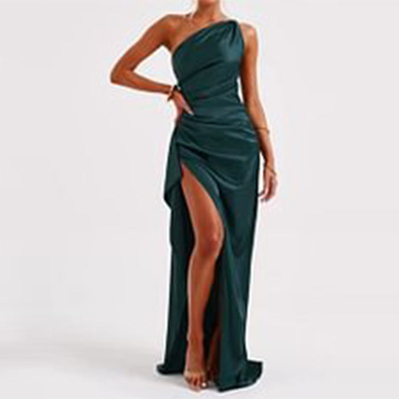 One-shoulder Backless Slit Maxi Dress - green