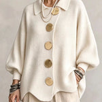 Collared Knit Sweater with Statement Buttons - white