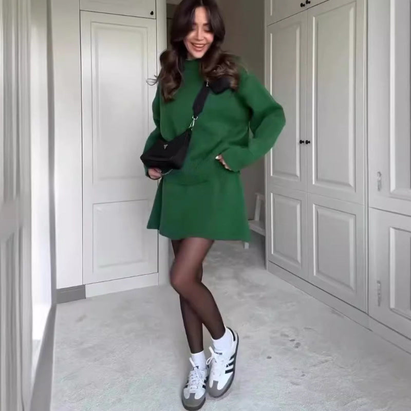 Long Sleeve Pullover Elegant Solid High Waist Mini Skirt Outfit