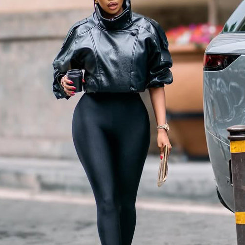 Black Lychee Grain Faux Leather Stand Collar Puff Sleeve Cropped Jacket