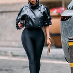 Black Lychee Grain Faux Leather Stand Collar Puff Sleeve Cropped Jacket