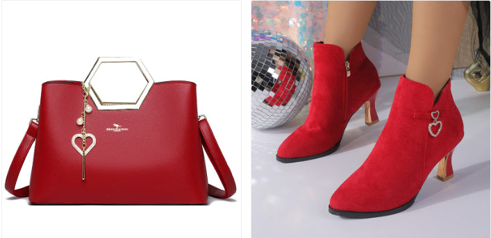 Pointed-Toe Ankle Boots and Matching Handbag Set - red