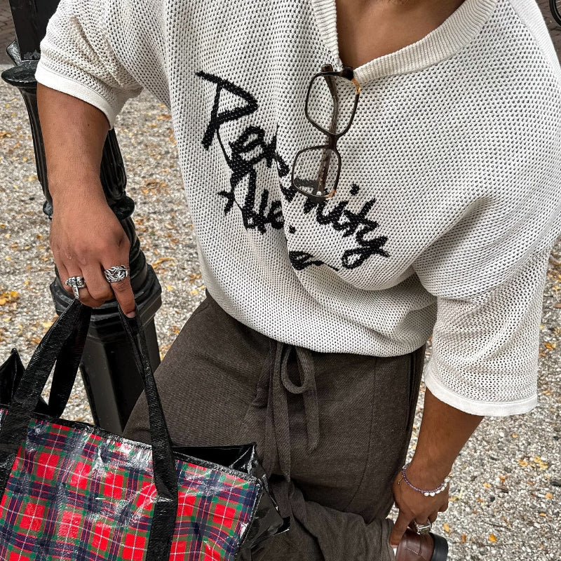 Crew Neck Mesh Lettering Short-sleeved Top