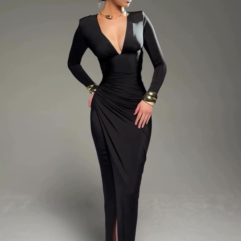 Long Sleeve Deep V Pleated Maxi Dress