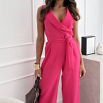 V-neck Sleeveless Jumpsuit With Belt - rose red