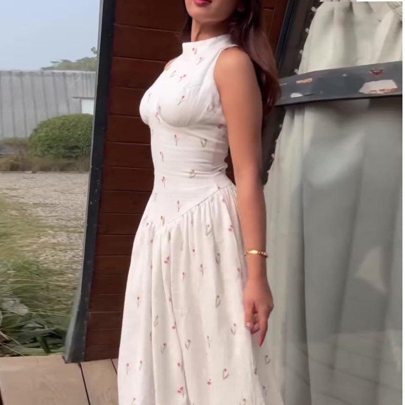 White Floral Print Turtleneck Sleeveless Waist-Cinched Maxi Dress