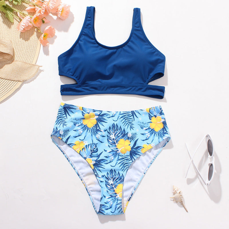 Cutout Crop Top Tropical Print High-Waist Bikini Set - blue