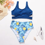 Cutout Crop Top Tropical Print High-Waist Bikini Set - blue
