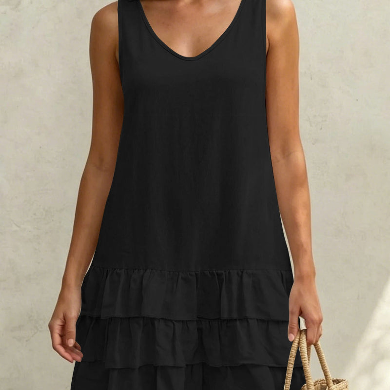 Sleeveless V-Neck Layered Ruffle Mini Dress - black
