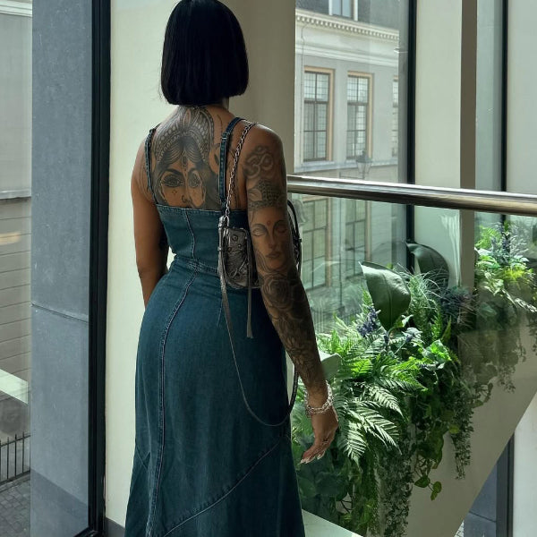 Denim Single-breasted Suspender Maxi Dress