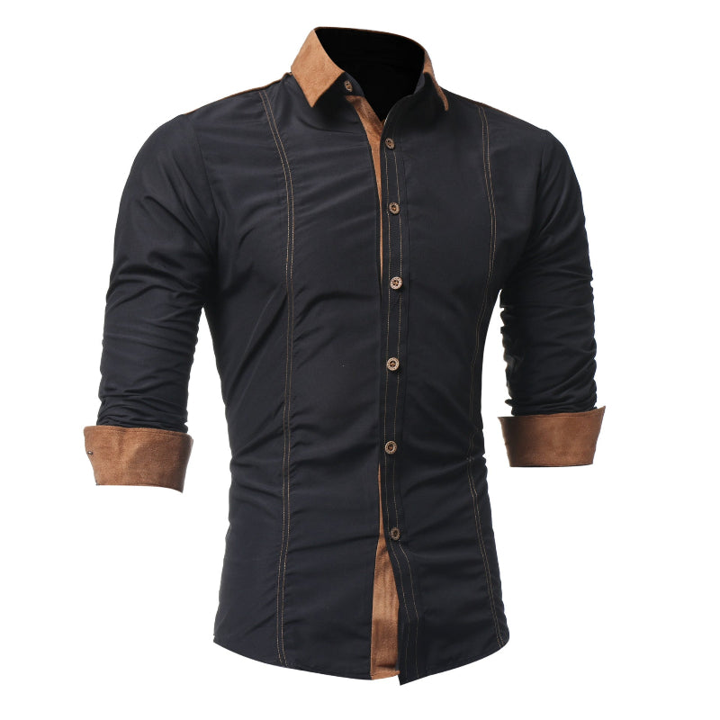 White, Black & Navy Slim-Fit Faux-Suede Contrast-Collar Button-Front Long-Sleeve Dress Shirt