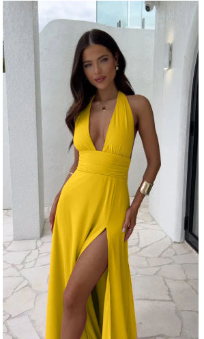 V-neck Slit Midi Dress - yellow
