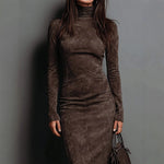 Turtleneck Long-sleeved Midi Dress - coffee