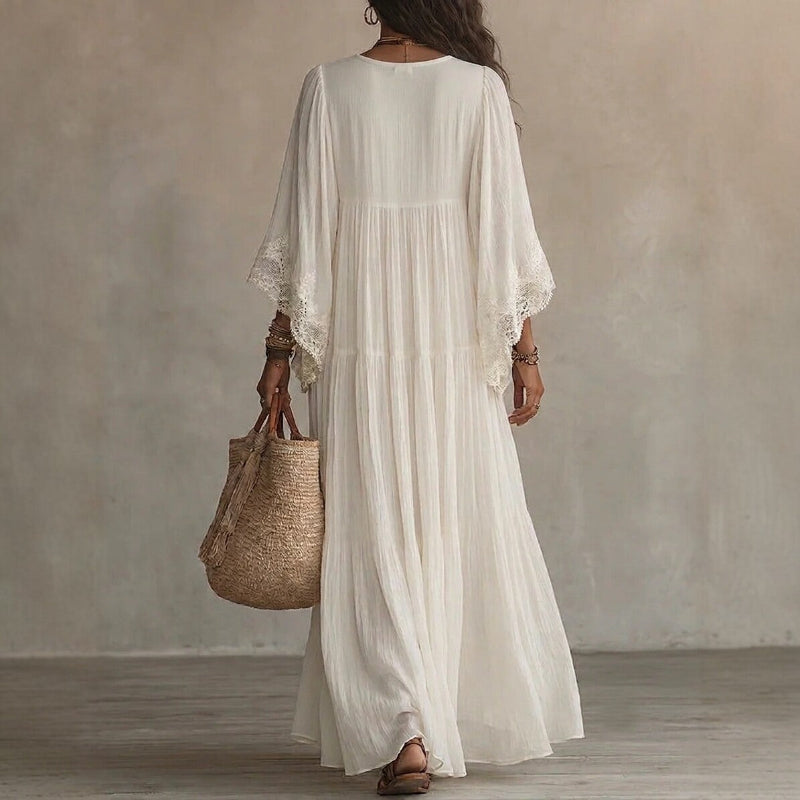 Lace-Trim V-Neck Flared-Sleeve Boho Maxi Dress - white