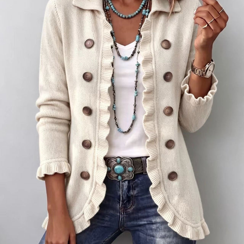 Double-Button Ruffle-Trim Knit Cardigan - apricot